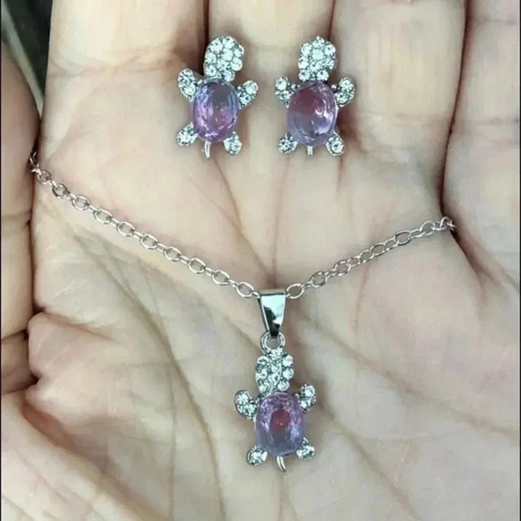 Pink & Blue Crystal Stainless Steel Turtle Tortoise Necklace Earring Set NWT - Picture 1 of 4